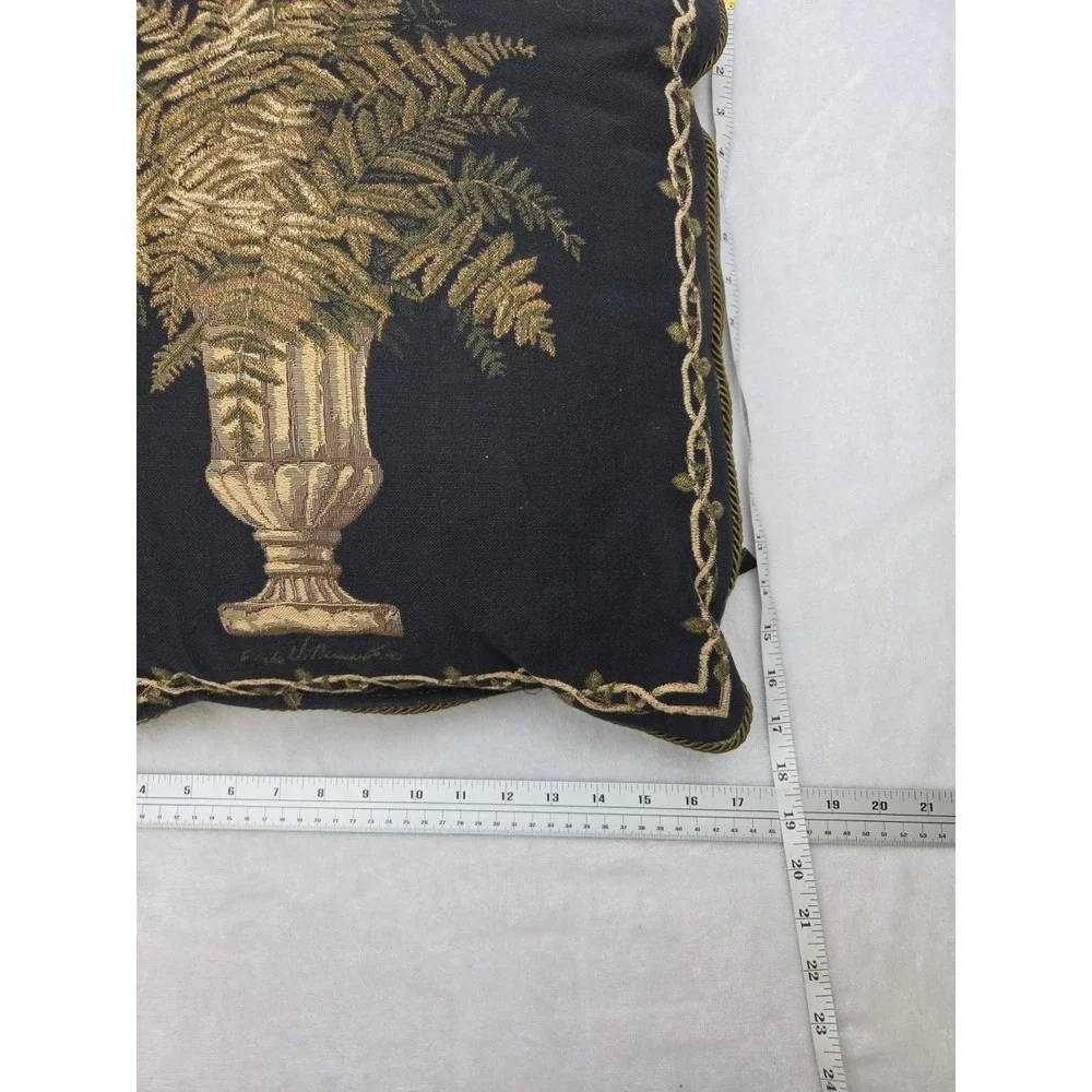 2 Vtg Borgata Tapestry‎ Rope Urn Fern Throw Pillows Black Green Tan 17 x 18 90s